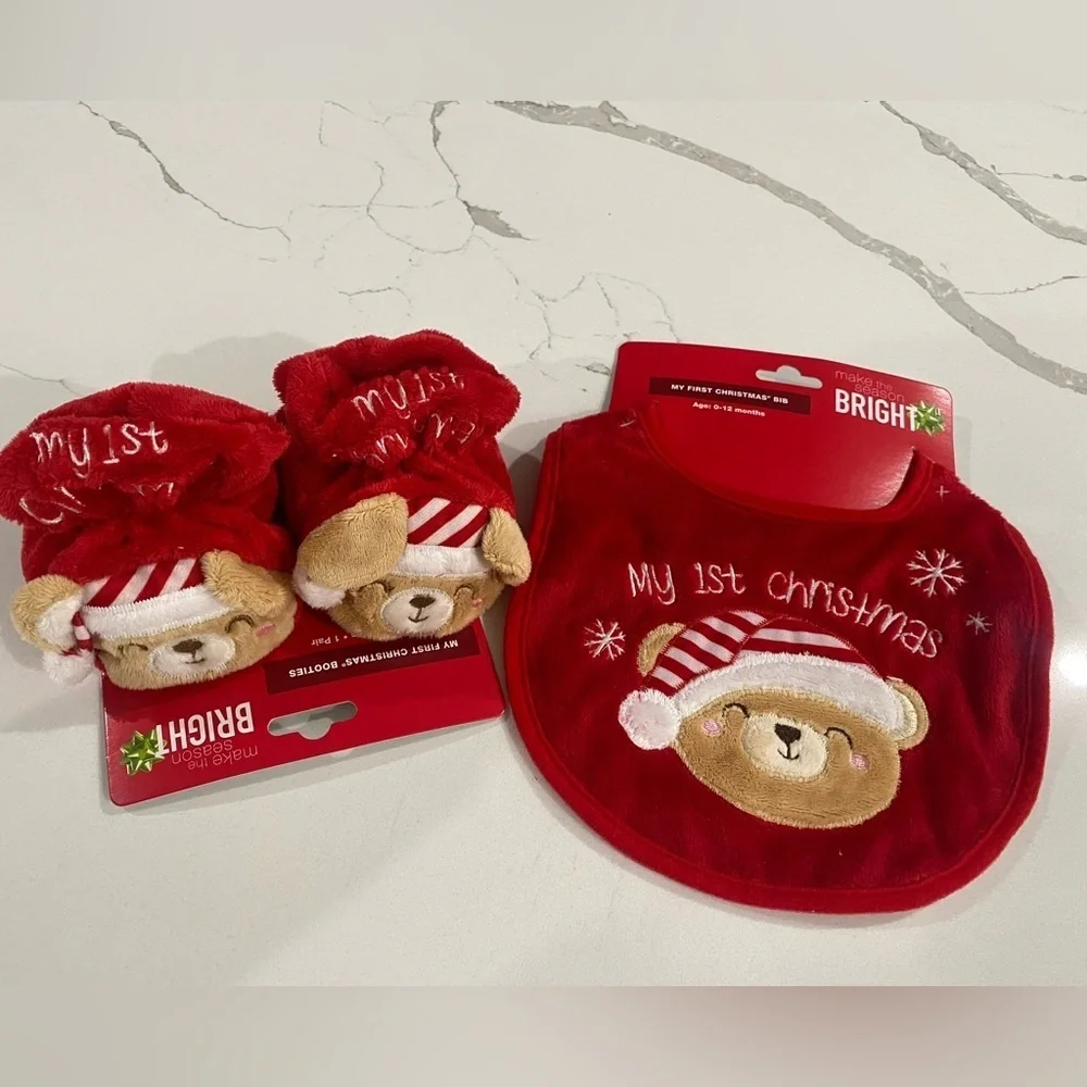 NWT Infants Baby's First Christmas Bib‎ & Booties Set Red